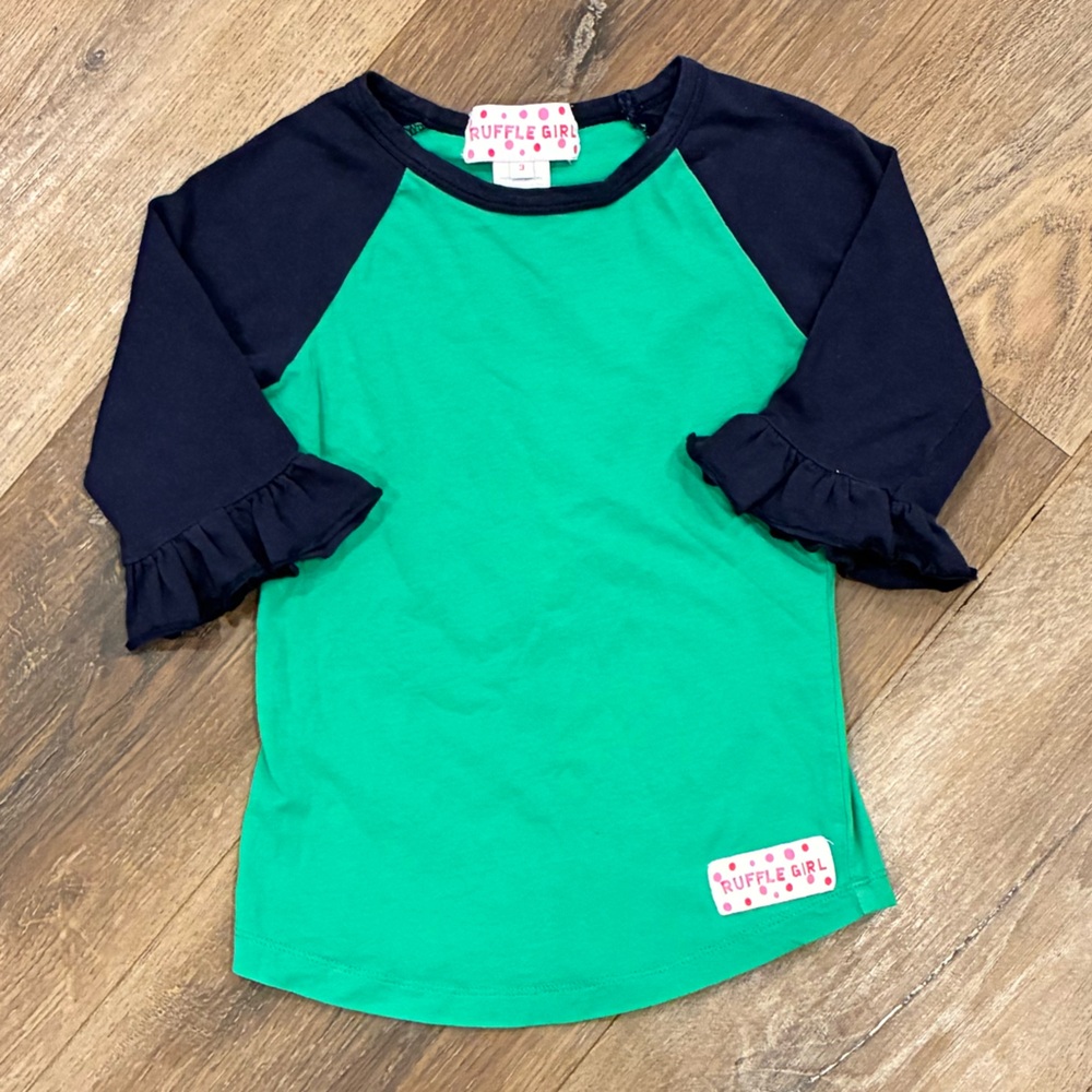 Ruffle Girl Navy & Green Top Shirt Ruffle Sleeves Outfit 3T Girl
